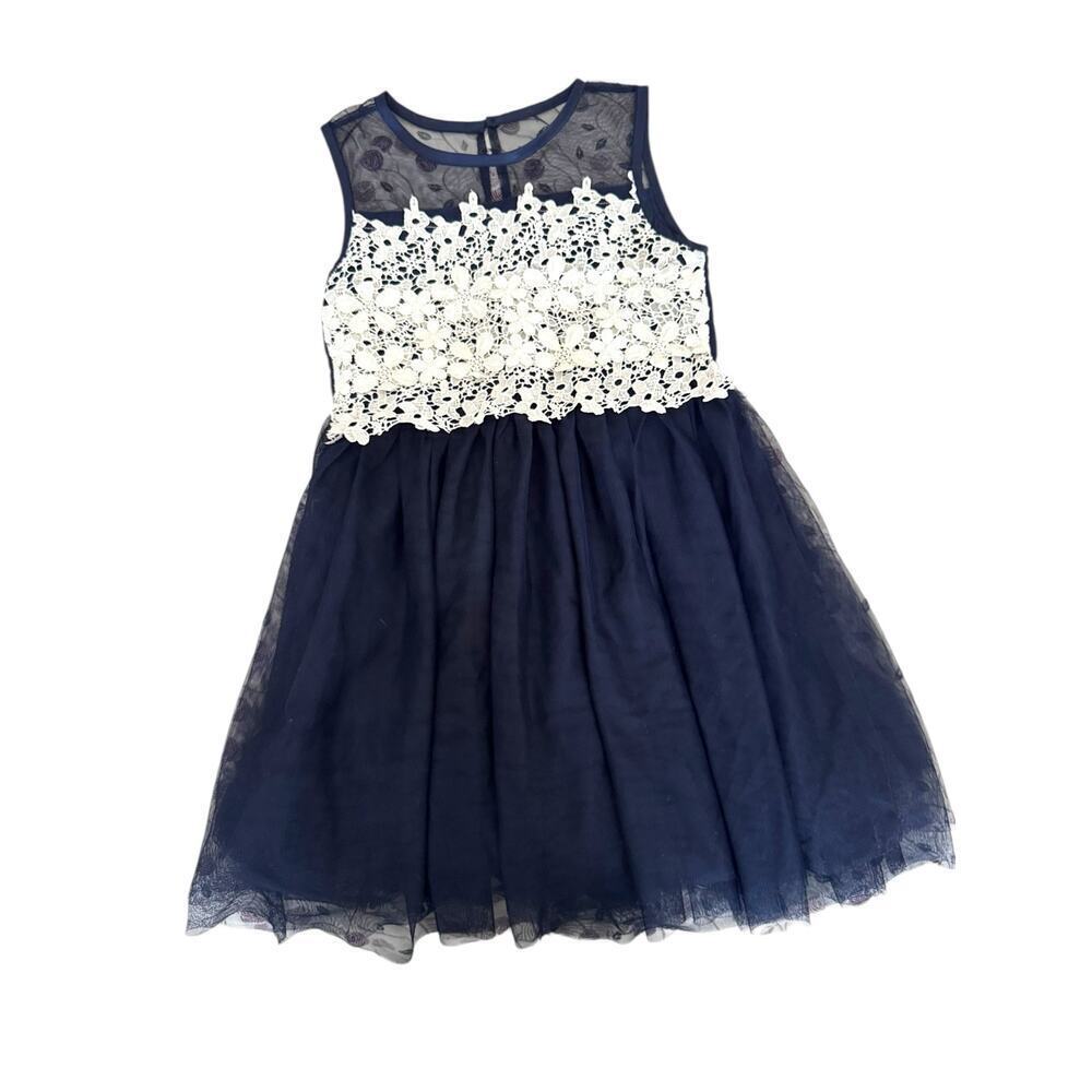 Navy Blue Girls‎ Party Dress with White Floral Lace Bodice - No Size Tag